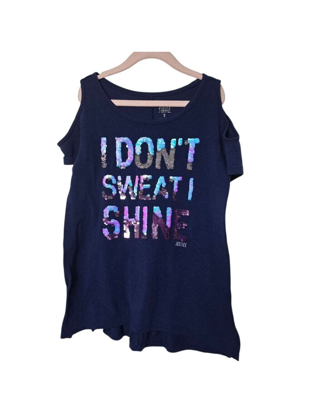 Justice I Don't Sweat I Shine Sequin Cold Shoulder Shirt Girls Size 8